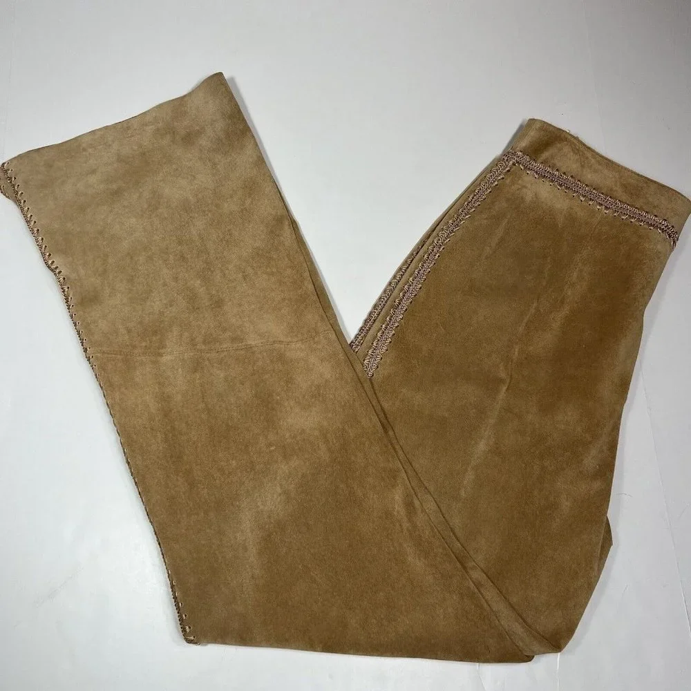 Betty Barclay Leather Suede Pant Trousers Womens US 10 Camel Tan Crochet Sides - Picture 11 of 12
